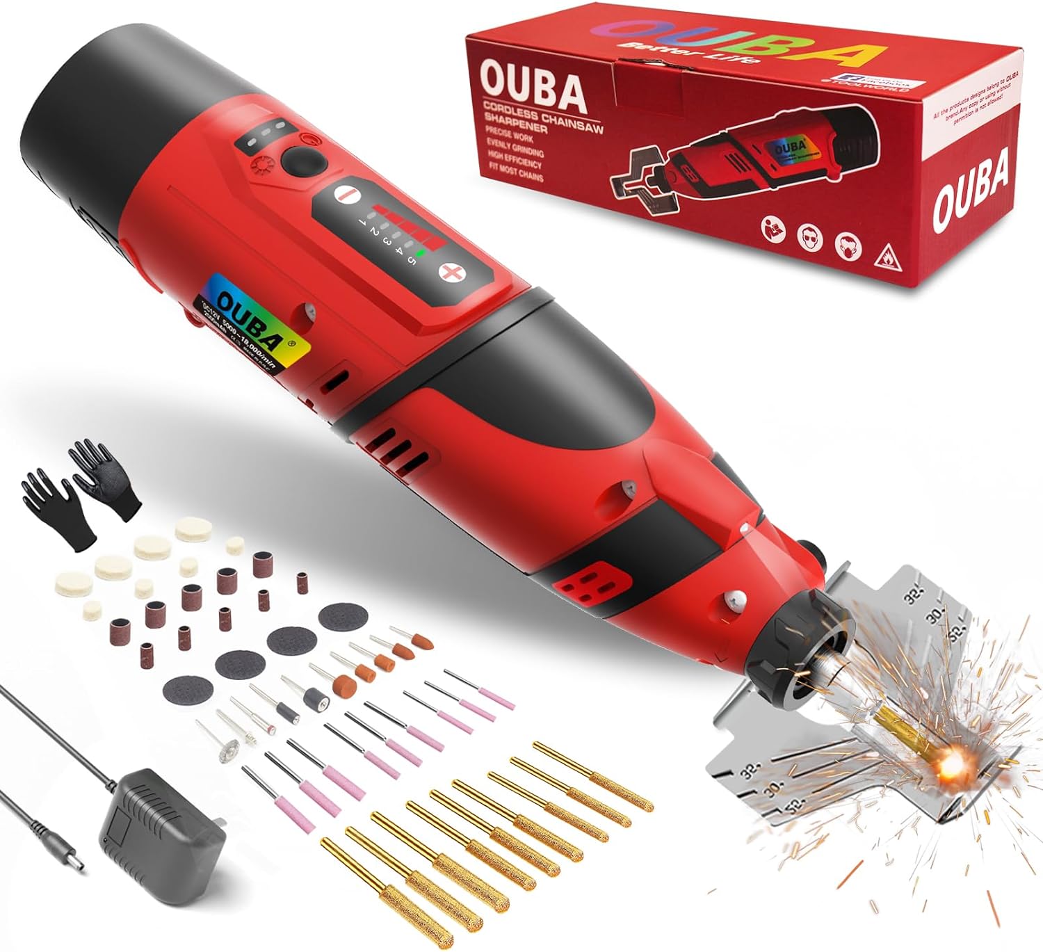 OUBA Cordless Chainsaw Sharpener with 12v Battery, Electric Chainsaw ...